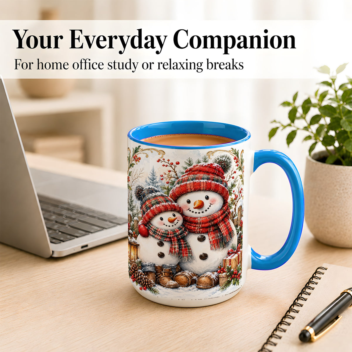 #pl[15oz|Blue] Snowman Family Coffee Mug, Rustic Winter Mug, Ceramic Cup
