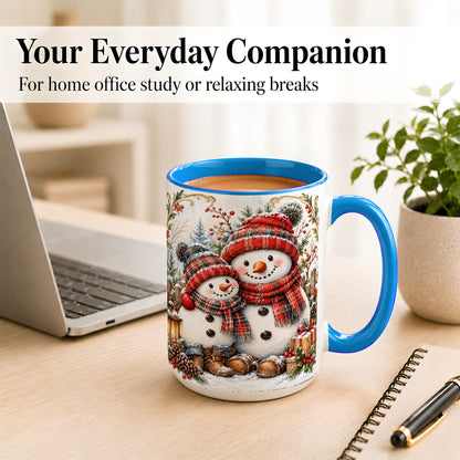 #pl[15oz|Blue] Snowman Family Coffee Mug, Rustic Winter Mug, Ceramic Cup