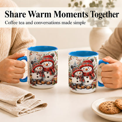 #pl[15oz|Blue] Snowman Family Coffee Mug, Rustic Winter Mug, Ceramic Cup