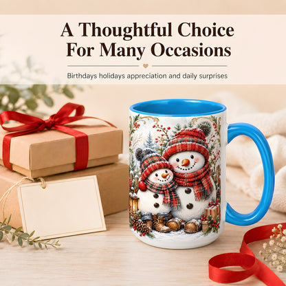 #pl[15oz|Blue] Snowman Family Coffee Mug, Rustic Winter Mug, Ceramic Cup