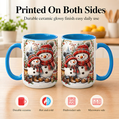 #pl[15oz|Blue] Snowman Family Coffee Mug, Rustic Winter Mug, Ceramic Cup