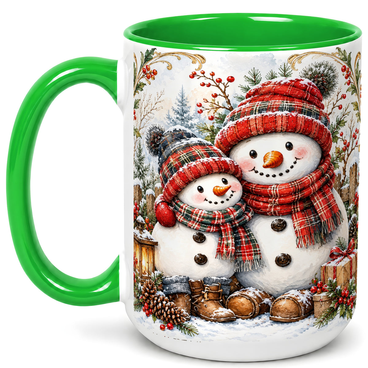 #pl[15oz|Green] Snowman Family Coffee Mug, Rustic Winter Mug, Ceramic Cup