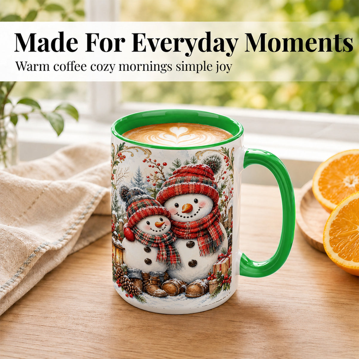 #pl[15oz|Green] Snowman Family Coffee Mug, Rustic Winter Mug, Ceramic Cup