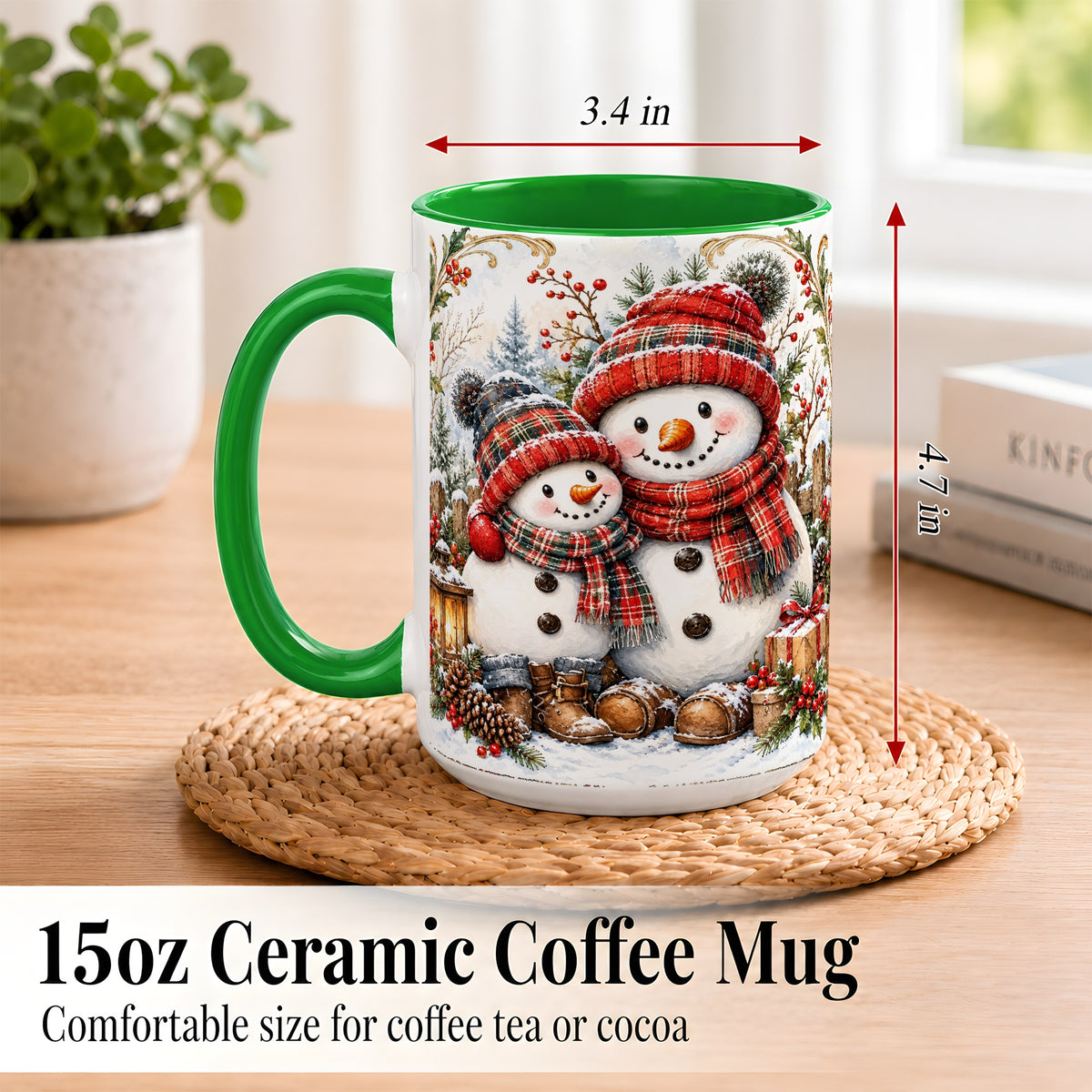 #pl[15oz|Green] Snowman Family Coffee Mug, Rustic Winter Mug, Ceramic Cup
