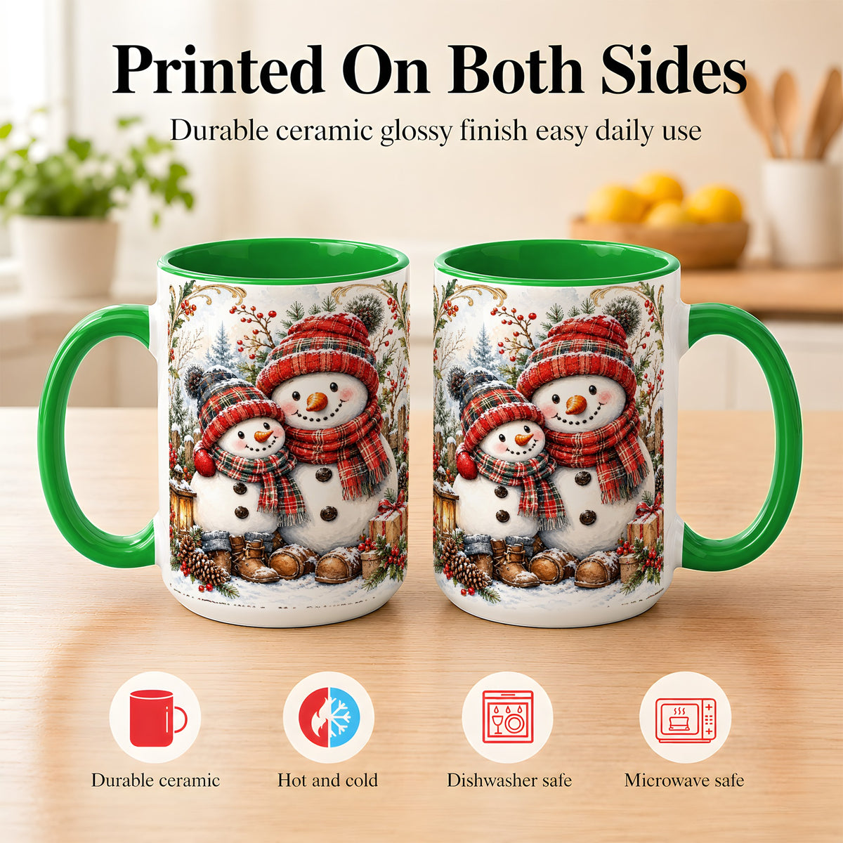 #pl[15oz|Green] Snowman Family Coffee Mug, Rustic Winter Mug, Ceramic Cup