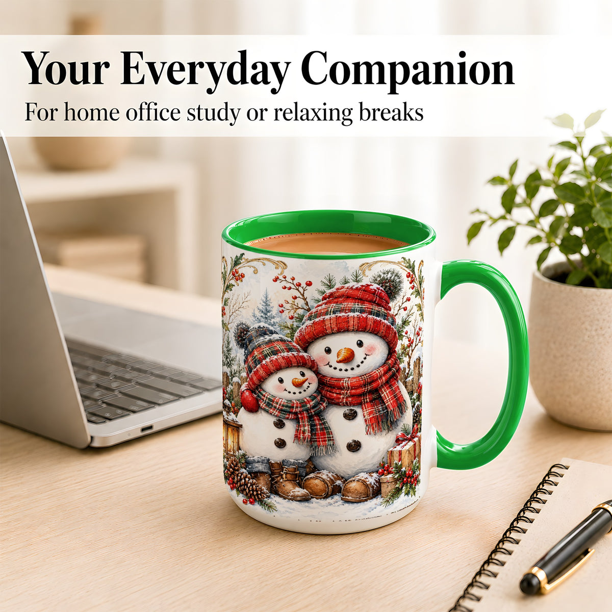 #pl[15oz|Green] Snowman Family Coffee Mug, Rustic Winter Mug, Ceramic Cup