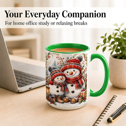 #pl[15oz|Green] Snowman Family Coffee Mug, Rustic Winter Mug, Ceramic Cup