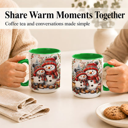 #pl[15oz|Green] Snowman Family Coffee Mug, Rustic Winter Mug, Ceramic Cup