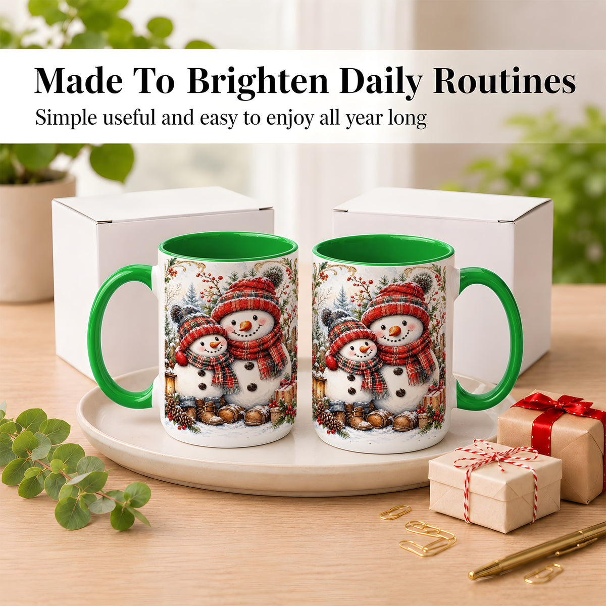 #pl[15oz|Green] Snowman Family Coffee Mug, Rustic Winter Mug, Ceramic Cup