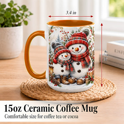 #pl[15oz|Orange] Snowman Family Coffee Mug, Rustic Winter Mug, Ceramic Cup