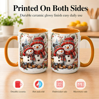 #pl[15oz|Orange] Snowman Family Coffee Mug, Rustic Winter Mug, Ceramic Cup