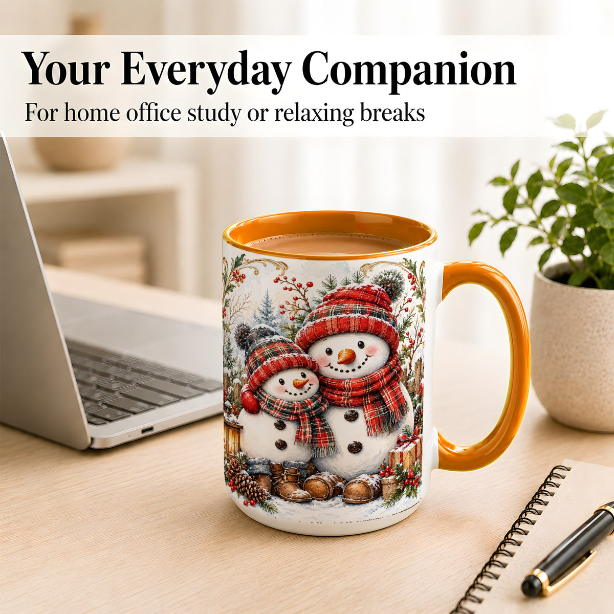 #pl[15oz|Orange] Snowman Family Coffee Mug, Rustic Winter Mug, Ceramic Cup