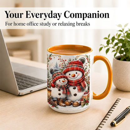 #pl[15oz|Orange] Snowman Family Coffee Mug, Rustic Winter Mug, Ceramic Cup