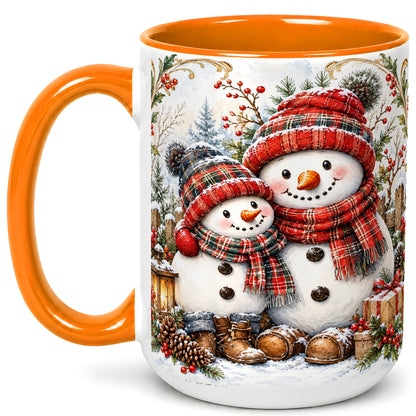 #pl[15oz|Orange] Snowman Family Coffee Mug, Rustic Winter Mug, Ceramic Cup