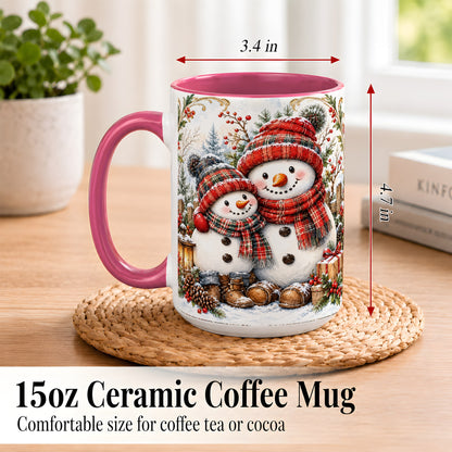 #pl[15oz|Pink] Snowman Family Coffee Mug, Rustic Winter Mug, Ceramic Cup