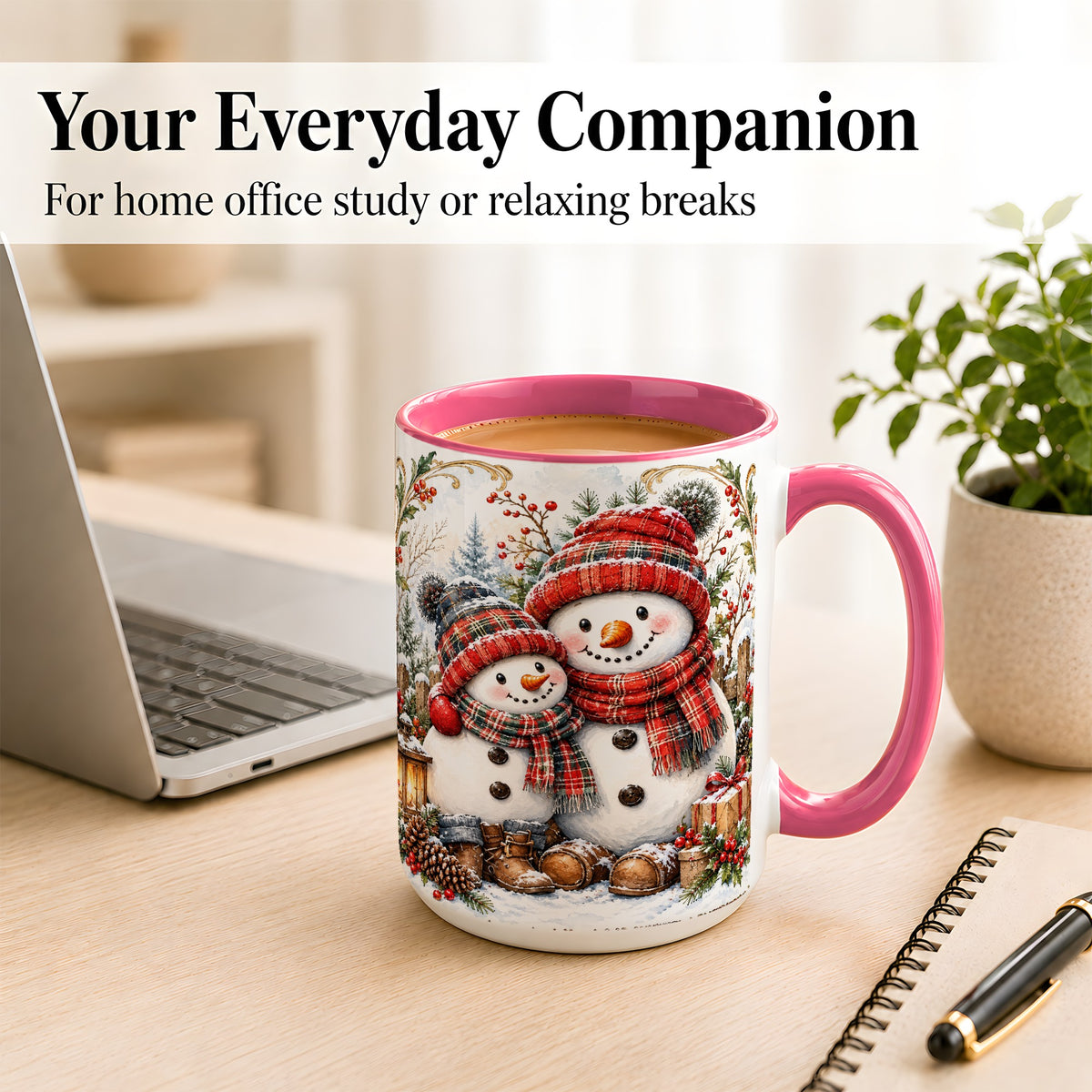 #pl[15oz|Pink] Snowman Family Coffee Mug, Rustic Winter Mug, Ceramic Cup