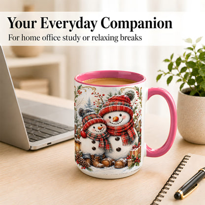 #pl[15oz|Pink] Snowman Family Coffee Mug, Rustic Winter Mug, Ceramic Cup