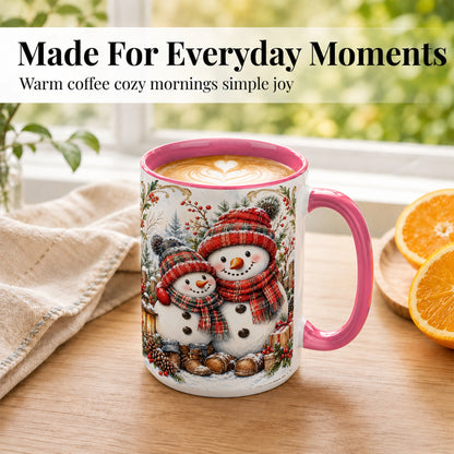 #pl[15oz|Pink] Snowman Family Coffee Mug, Rustic Winter Mug, Ceramic Cup