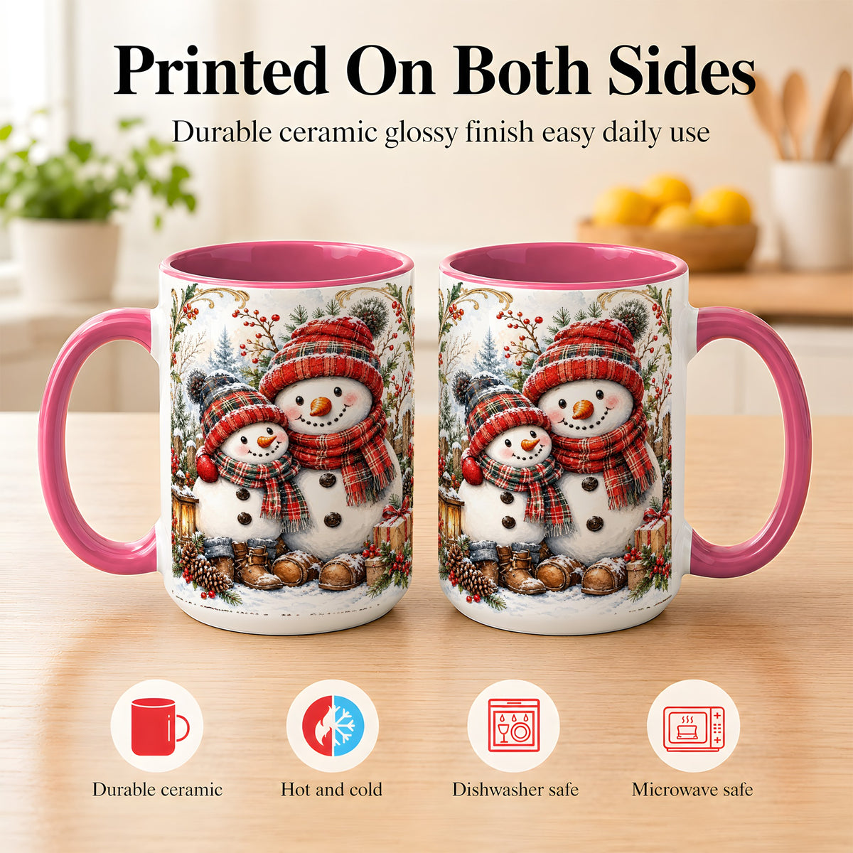 #pl[15oz|Pink] Snowman Family Coffee Mug, Rustic Winter Mug, Ceramic Cup