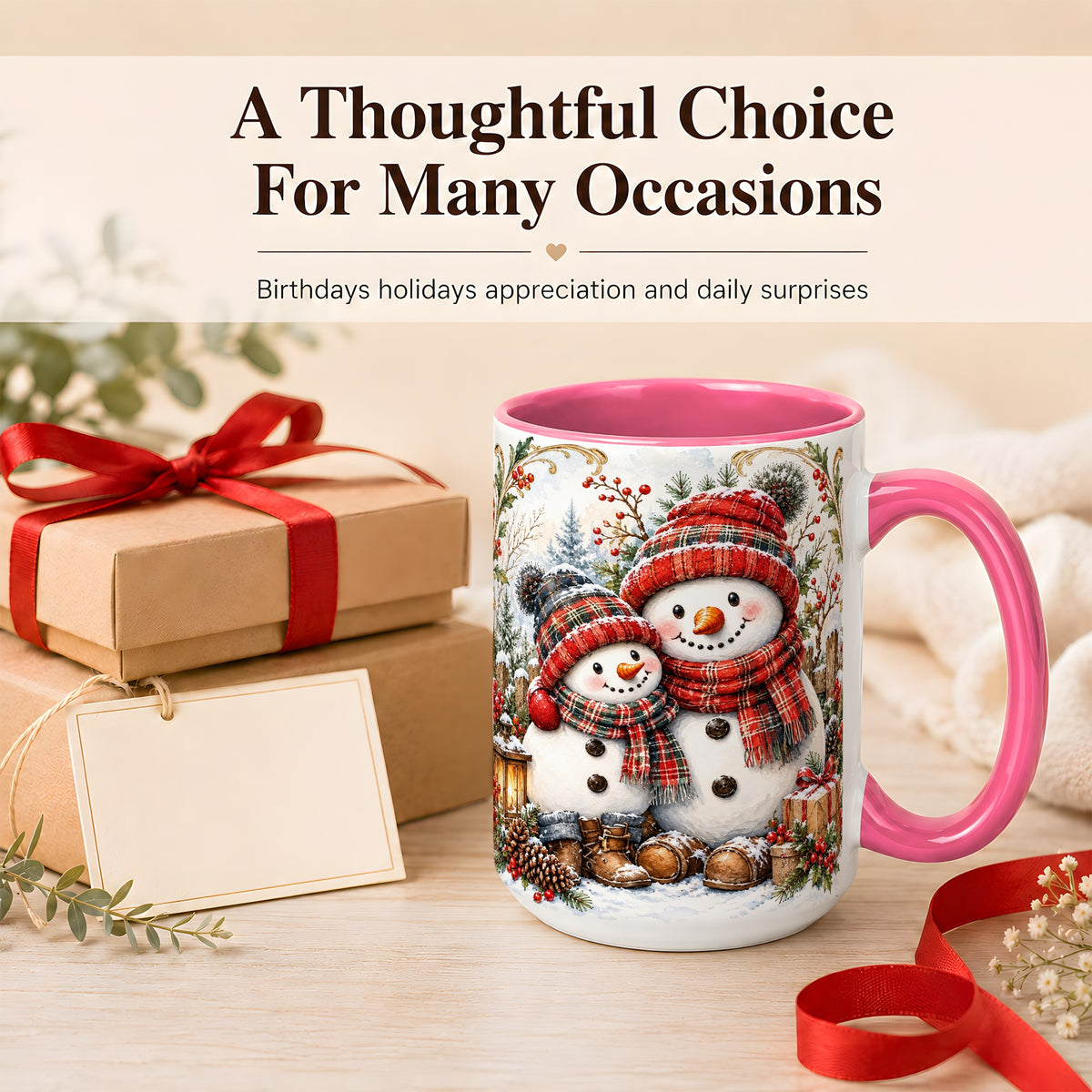 #pl[15oz|Pink] Snowman Family Coffee Mug, Rustic Winter Mug, Ceramic Cup