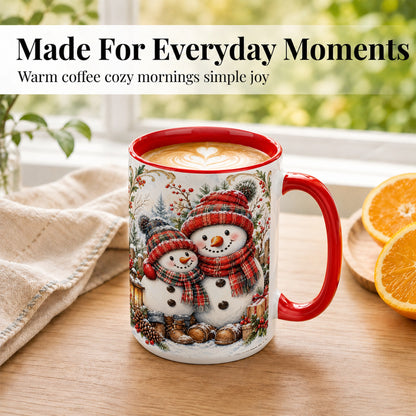 #pl[15oz|Red] Snowman Family Coffee Mug, Rustic Winter Mug, Ceramic Cup