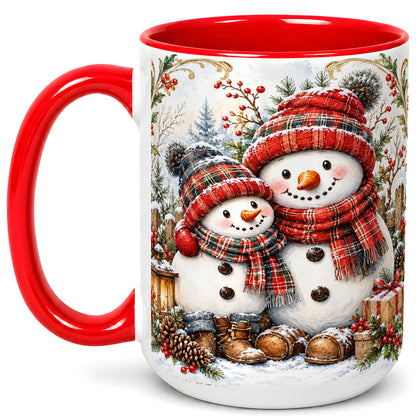 #pl[15oz|Red] Snowman Family Coffee Mug, Rustic Winter Mug, Ceramic Cup