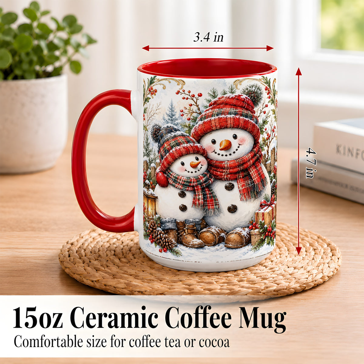 #pl[15oz|Red] Snowman Family Coffee Mug, Rustic Winter Mug, Ceramic Cup
