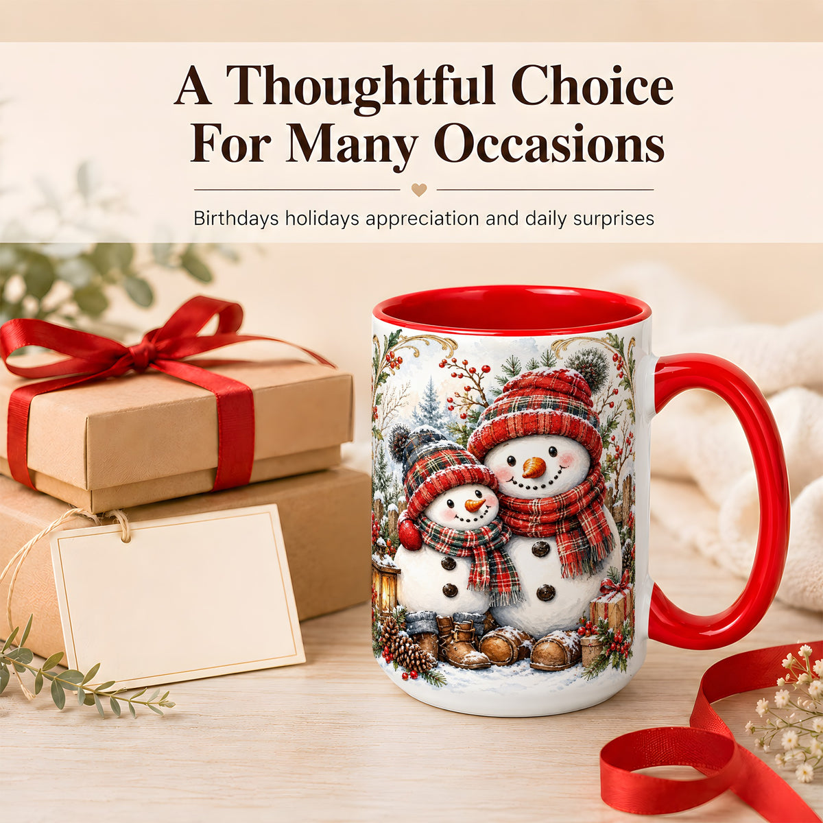 #pl[15oz|Red] Snowman Family Coffee Mug, Rustic Winter Mug, Ceramic Cup
