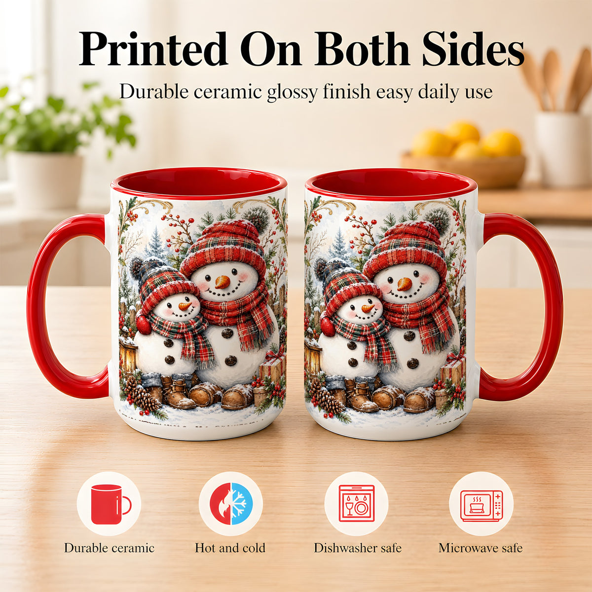 #pl[15oz|Red] Snowman Family Coffee Mug, Rustic Winter Mug, Ceramic Cup