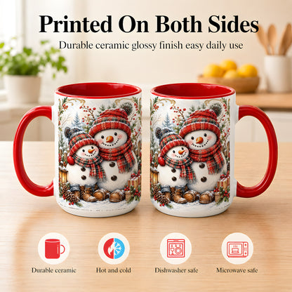 #pl[15oz|Red] Snowman Family Coffee Mug, Rustic Winter Mug, Ceramic Cup