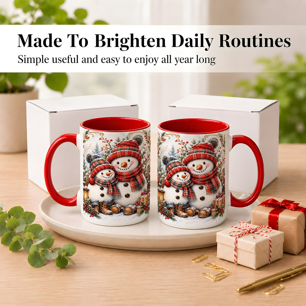 #pl[15oz|Red] Snowman Family Coffee Mug, Rustic Winter Mug, Ceramic Cup