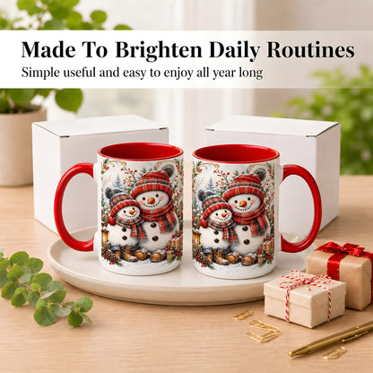 #pl[15oz|Red] Snowman Family Coffee Mug, Rustic Winter Mug, Ceramic Cup