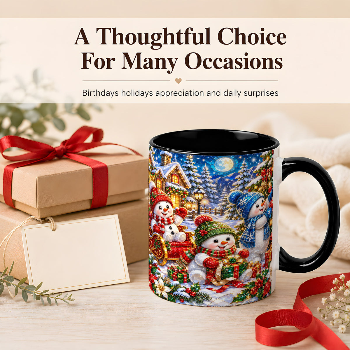 #pl[11oz|Black] Snowman Family Coffee Mug, Christmas Snowman Mug, Ceramic Cup