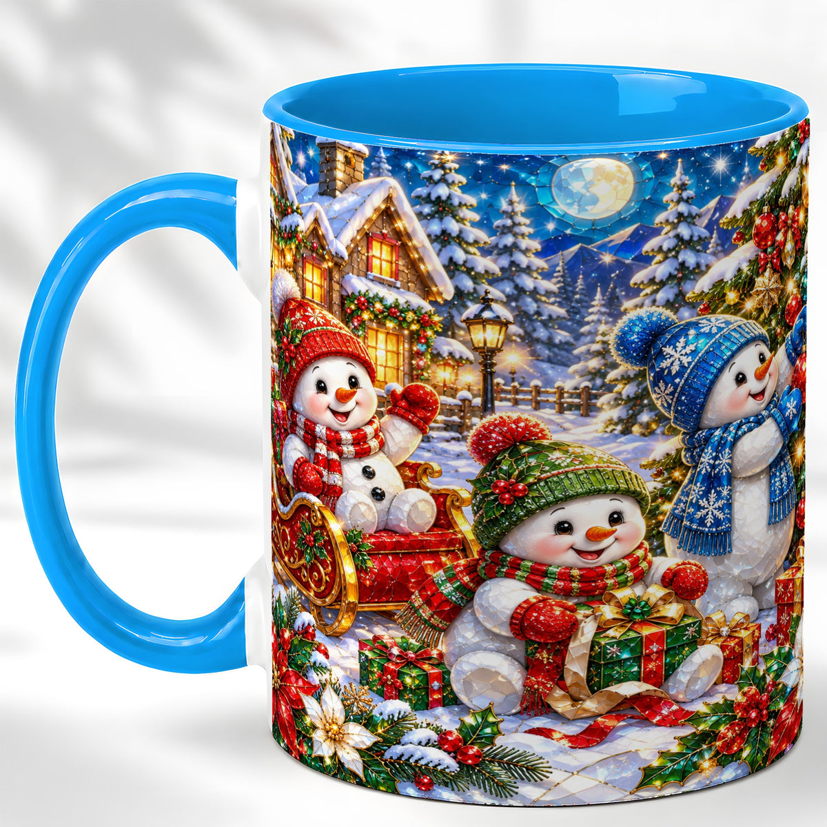 #pl[11oz|Blue] Snowman Family Coffee Mug, Christmas Snowman Mug, Ceramic Cup