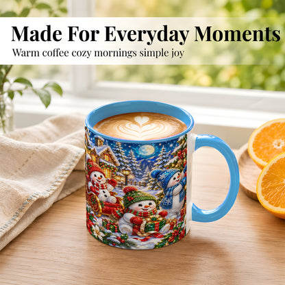 #pl[11oz|Blue] Snowman Family Coffee Mug, Christmas Snowman Mug, Ceramic Cup