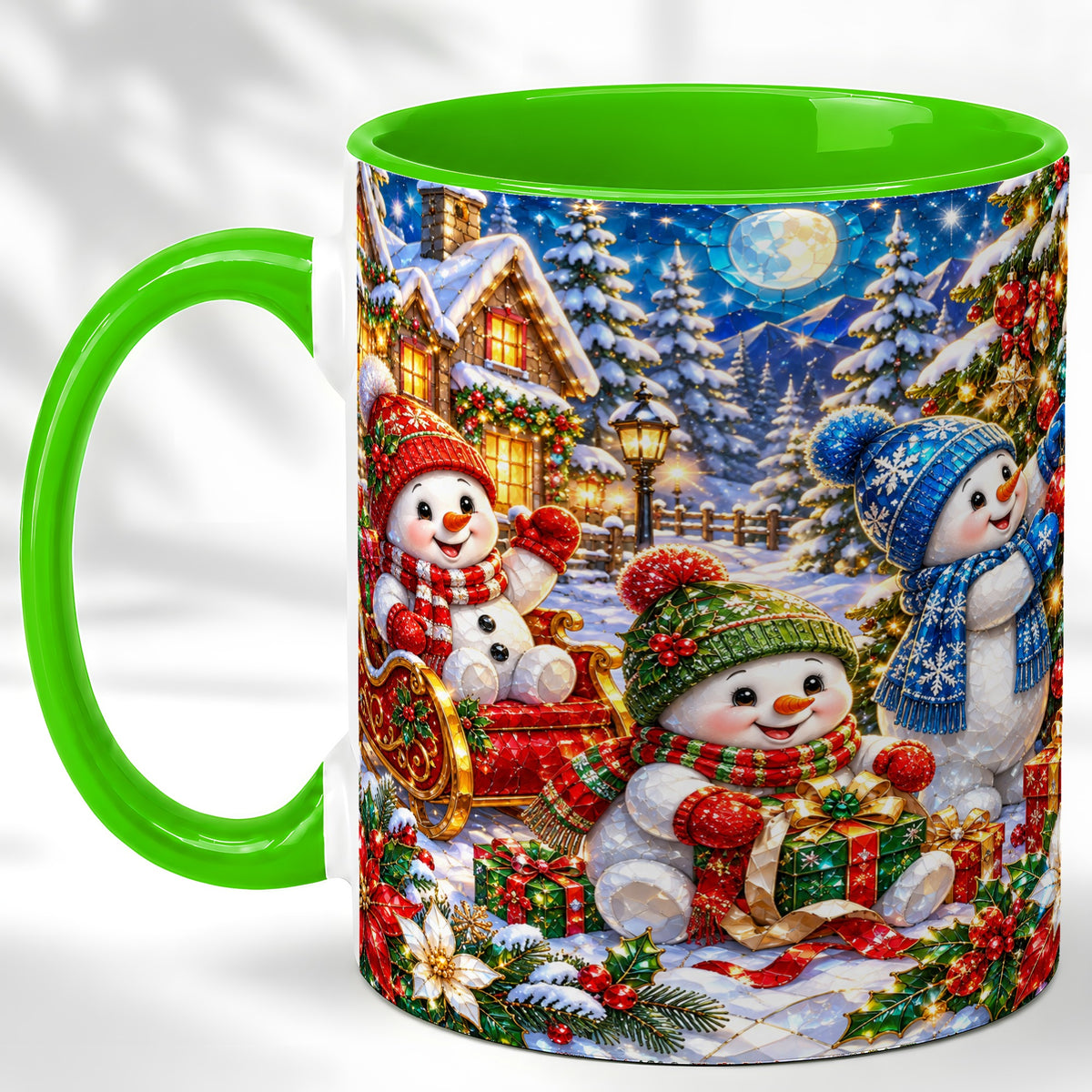 #pl[11oz|Green] Snowman Family Coffee Mug, Christmas Snowman Mug, Ceramic Cup
