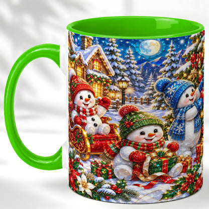 #pl[11oz|Green] Snowman Family Coffee Mug, Christmas Snowman Mug, Ceramic Cup