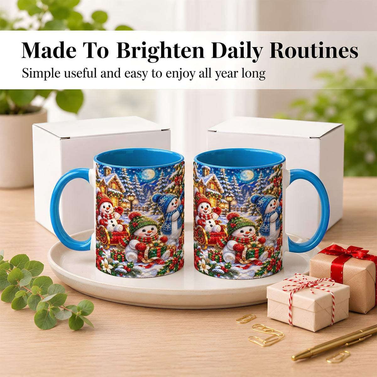 #pl[11oz|Blue] Snowman Family Coffee Mug, Christmas Snowman Mug, Ceramic Cup