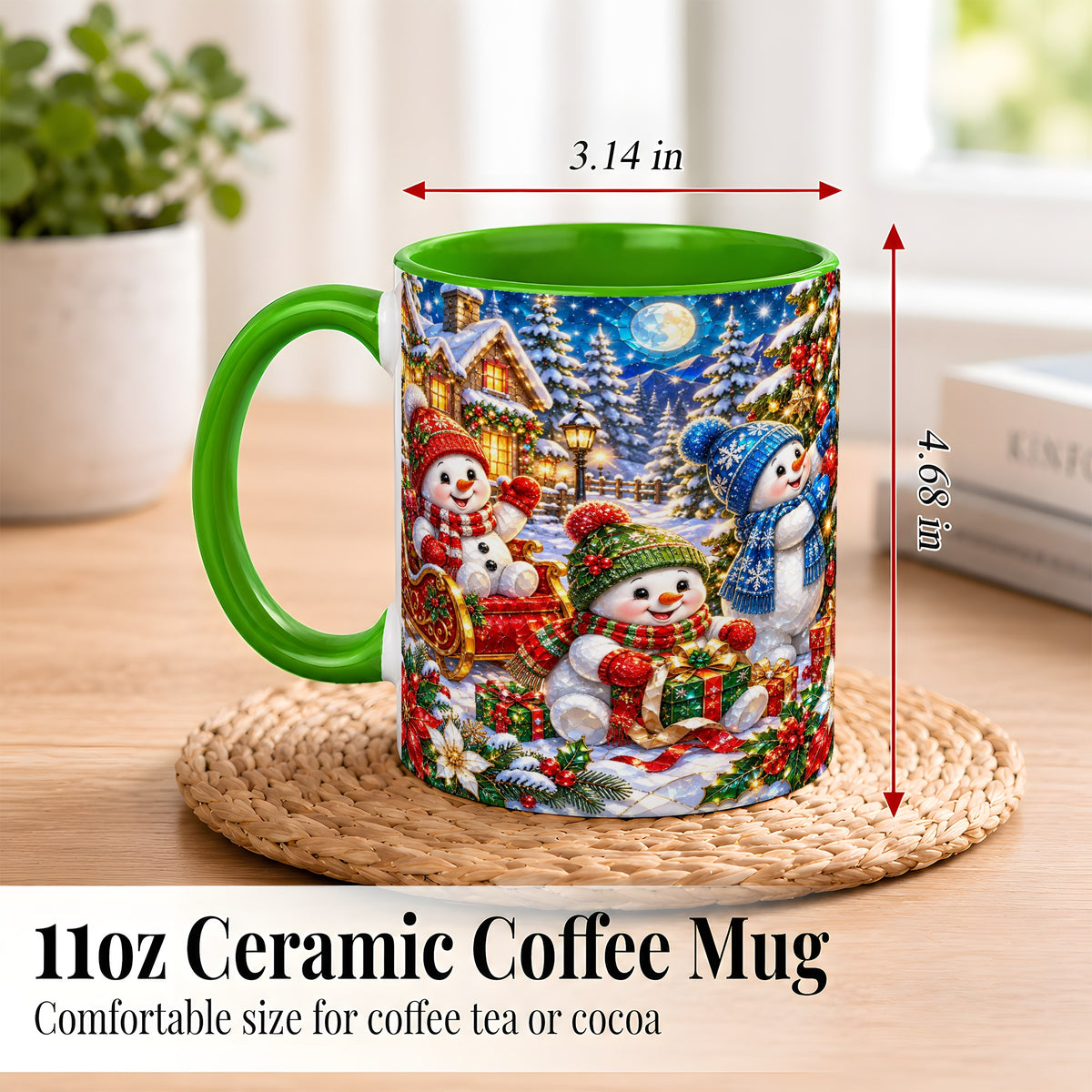 #pl[11oz|Green] Snowman Family Coffee Mug, Christmas Snowman Mug, Ceramic Cup