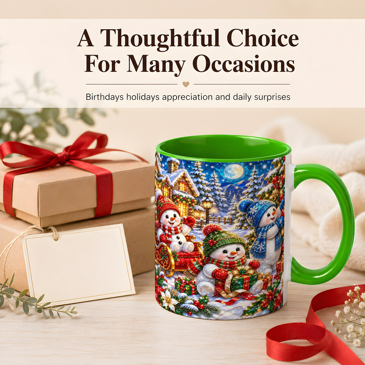 #pl[11oz|Green] Snowman Family Coffee Mug, Christmas Snowman Mug, Ceramic Cup