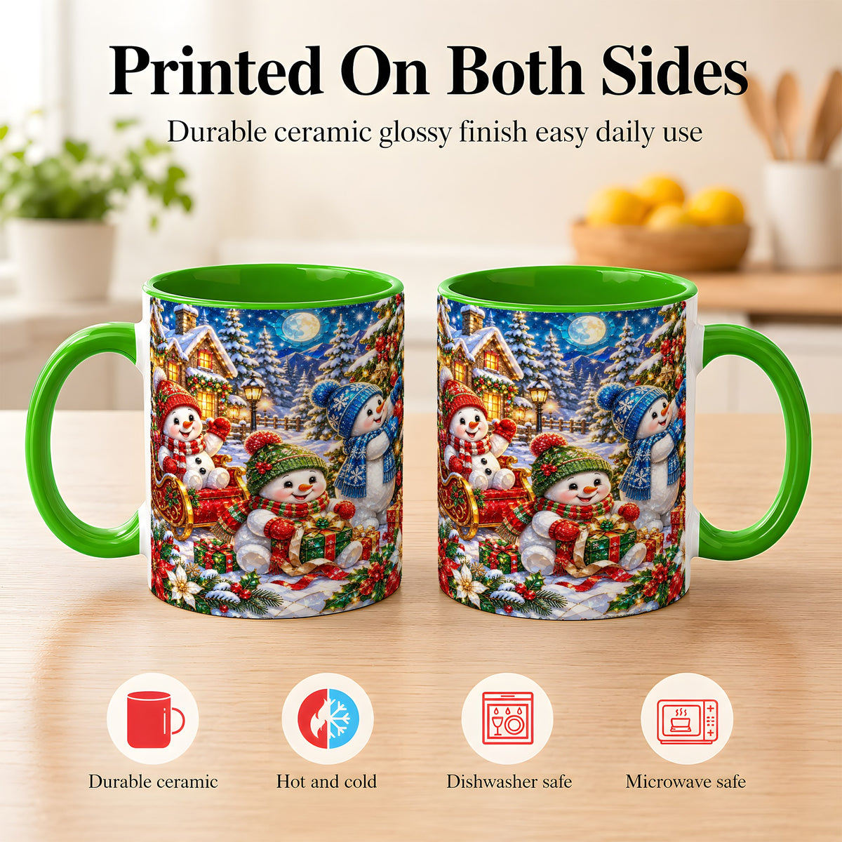 #pl[11oz|Green] Snowman Family Coffee Mug, Christmas Snowman Mug, Ceramic Cup