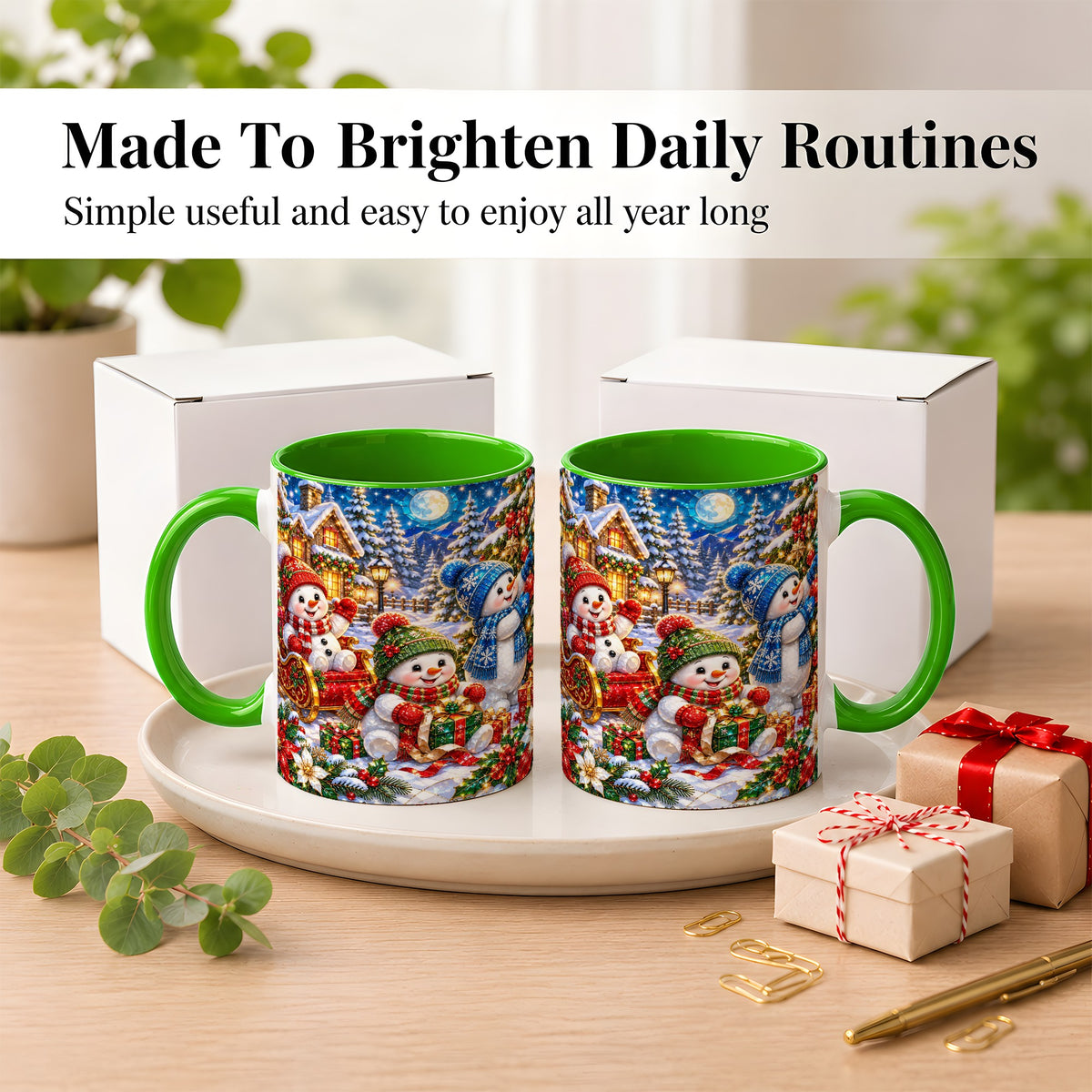 #pl[11oz|Green] Snowman Family Coffee Mug, Christmas Snowman Mug, Ceramic Cup