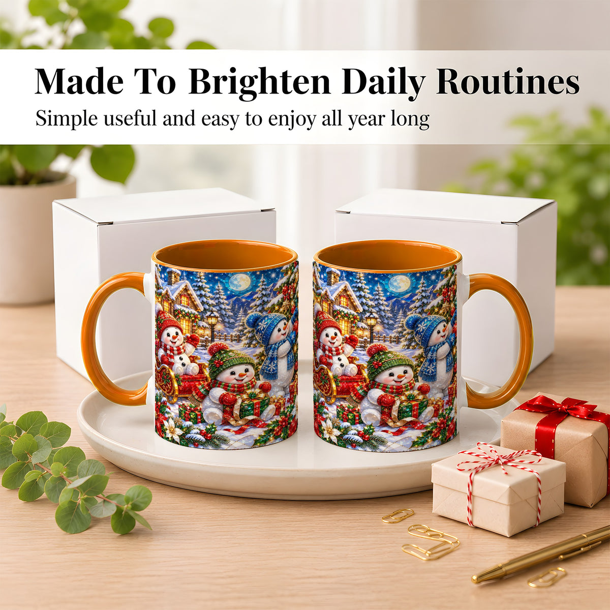 #pl[11oz|Orange] Snowman Family Coffee Mug, Christmas Snowman Mug, Ceramic Cup