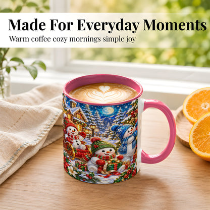 #pl[11oz|Pink] Snowman Family Coffee Mug, Christmas Snowman Mug, Ceramic Cup