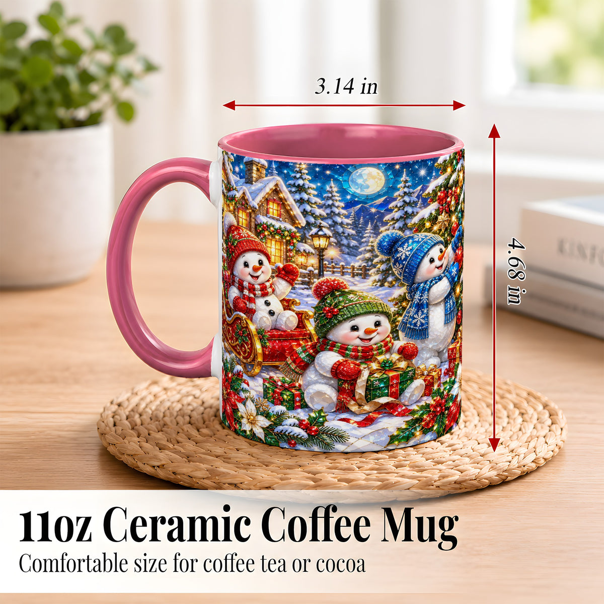 #pl[11oz|Pink] Snowman Family Coffee Mug, Christmas Snowman Mug, Ceramic Cup