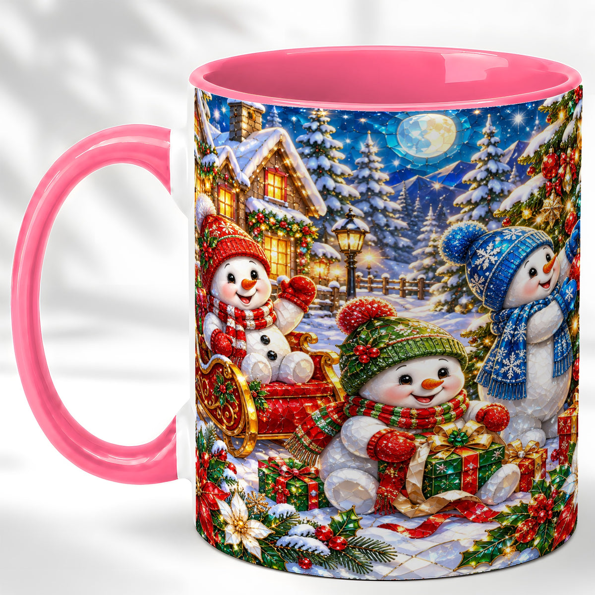 #pl[11oz|Pink] Snowman Family Coffee Mug, Christmas Snowman Mug, Ceramic Cup