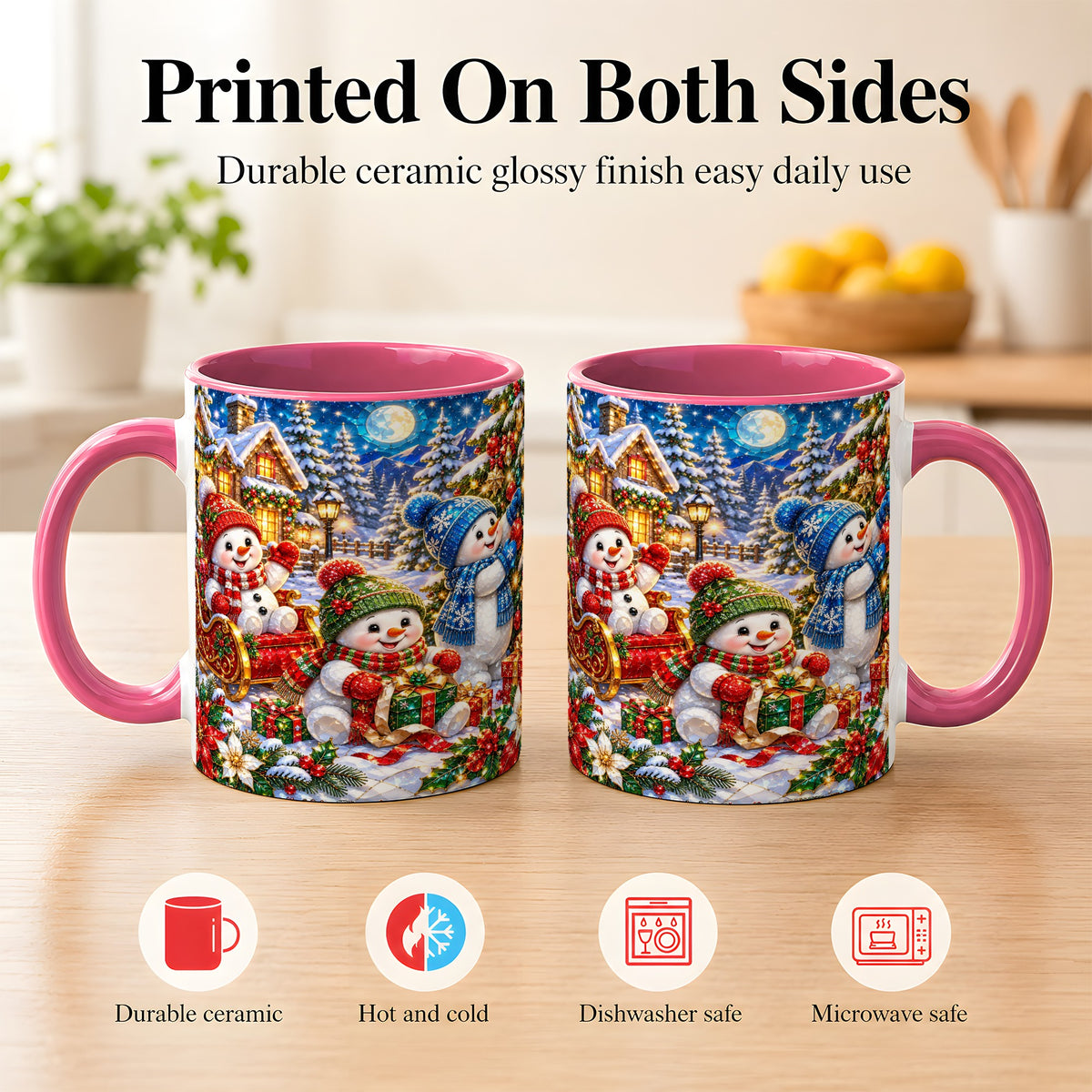 #pl[11oz|Pink] Snowman Family Coffee Mug, Christmas Snowman Mug, Ceramic Cup