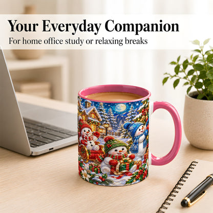 #pl[11oz|Pink] Snowman Family Coffee Mug, Christmas Snowman Mug, Ceramic Cup