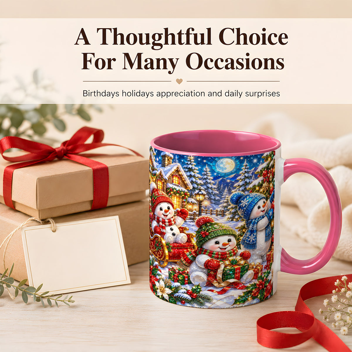 #pl[11oz|Pink] Snowman Family Coffee Mug, Christmas Snowman Mug, Ceramic Cup