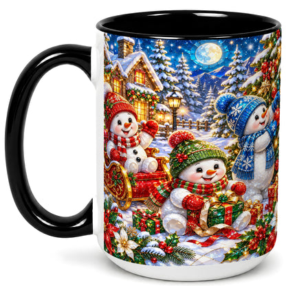 #pl[15oz|Black] Snowman Family Coffee Mug, Christmas Snowman Mug, Ceramic Cup
